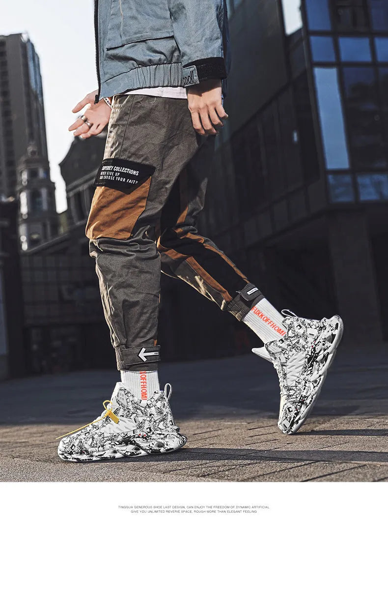 Men's black and green camouflage high-top basketball shoes on a white background