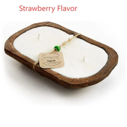 Lavender-scented soy wax candle in a wooden basin with a wooden wick