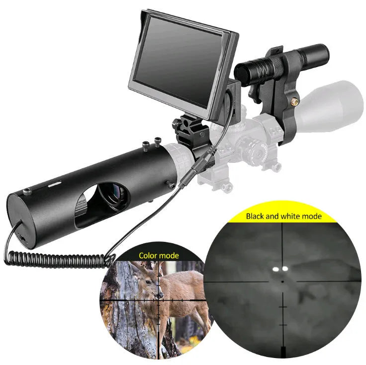 Black digital night vision goggles with a 5-inch LCD screen and separate infrared transmitter