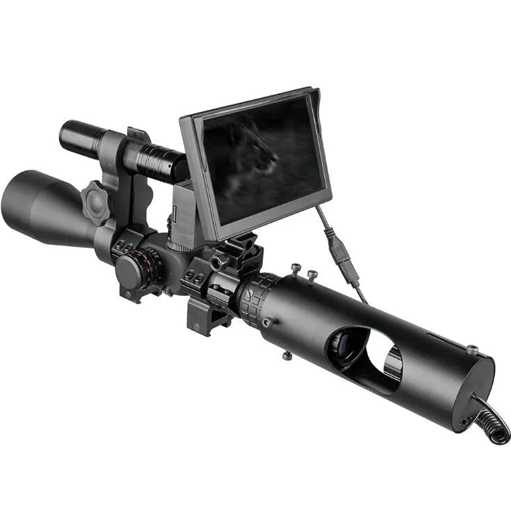 Black digital night vision goggles with a 5-inch LCD screen and separate infrared transmitter