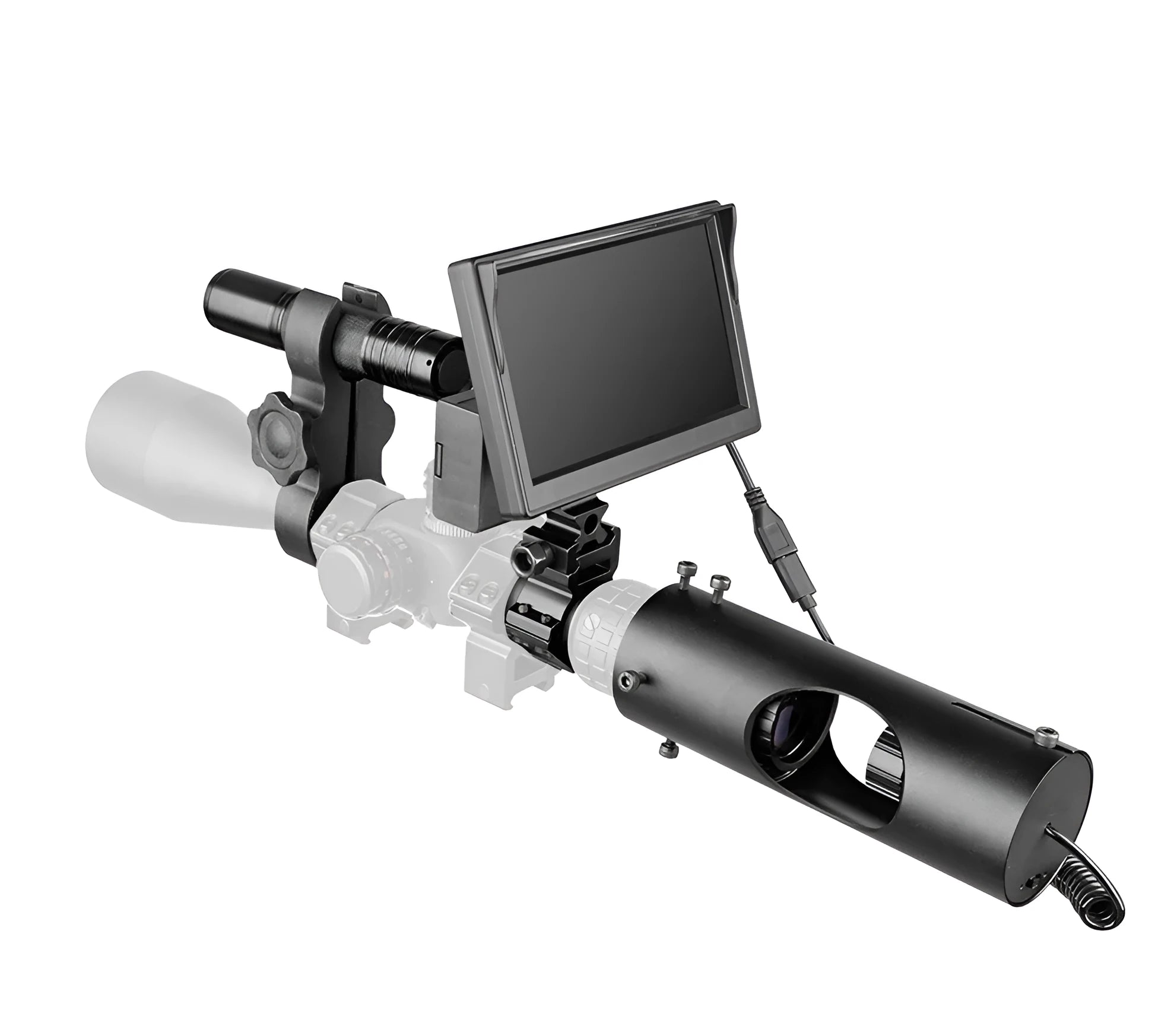 Black digital night vision goggles with a 5-inch LCD screen and separate infrared transmitter