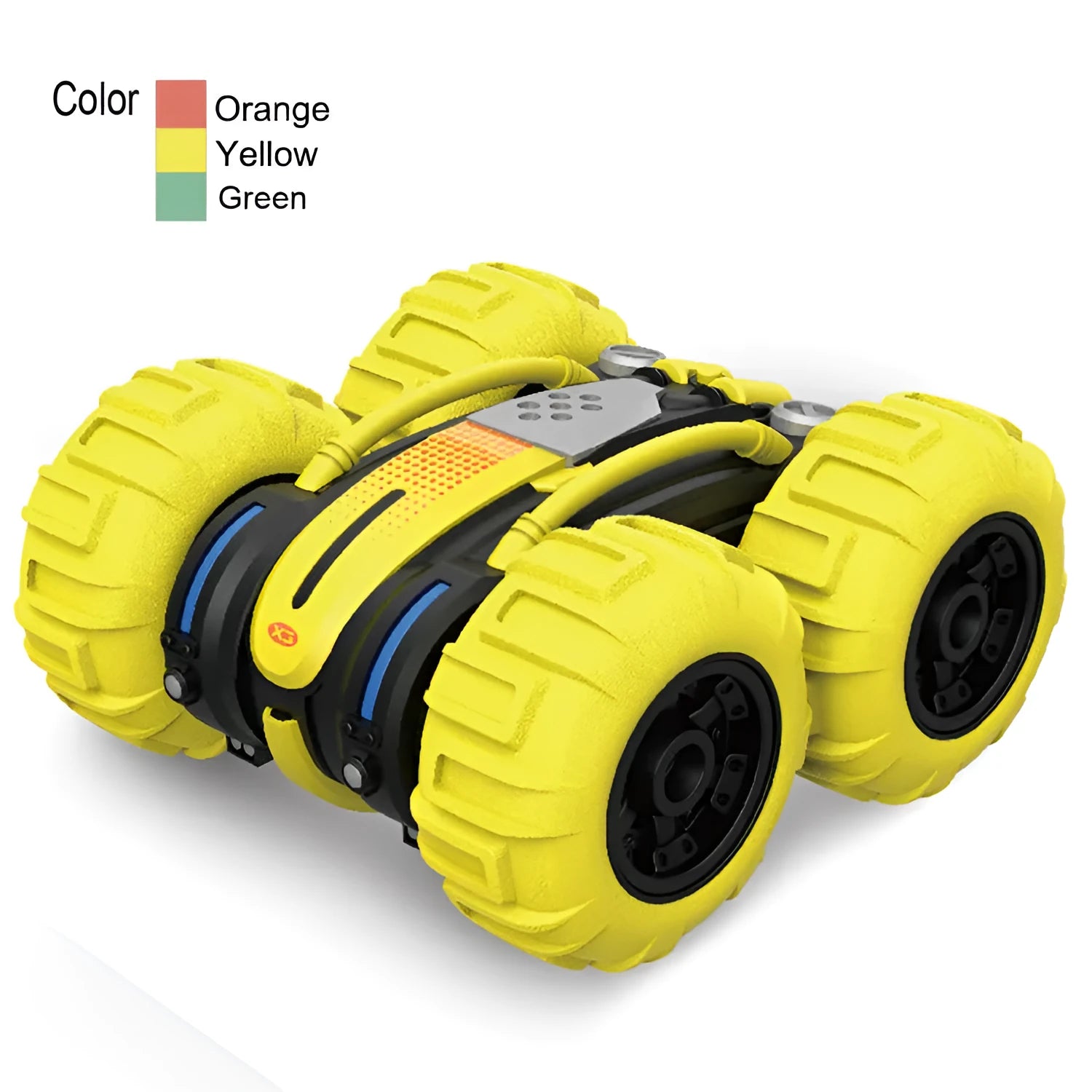 Remote control amphibious dump truck in yellow, orange and green options on ground with wireless remote