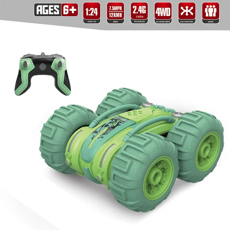 Remote control amphibious dump truck in yellow, orange and green options on ground with wireless remote