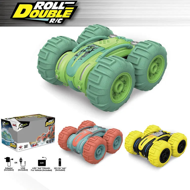Remote control amphibious dump truck in yellow, orange and green options on ground with wireless remote