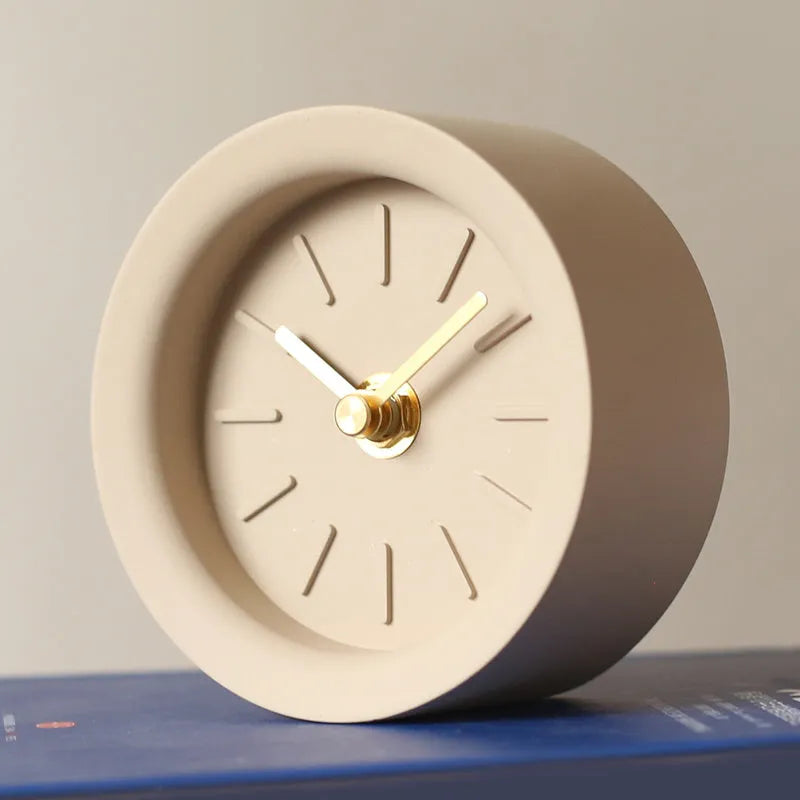 Round cement desk clock with silent movement in rock grey colour, 4-inch diameter industrial design