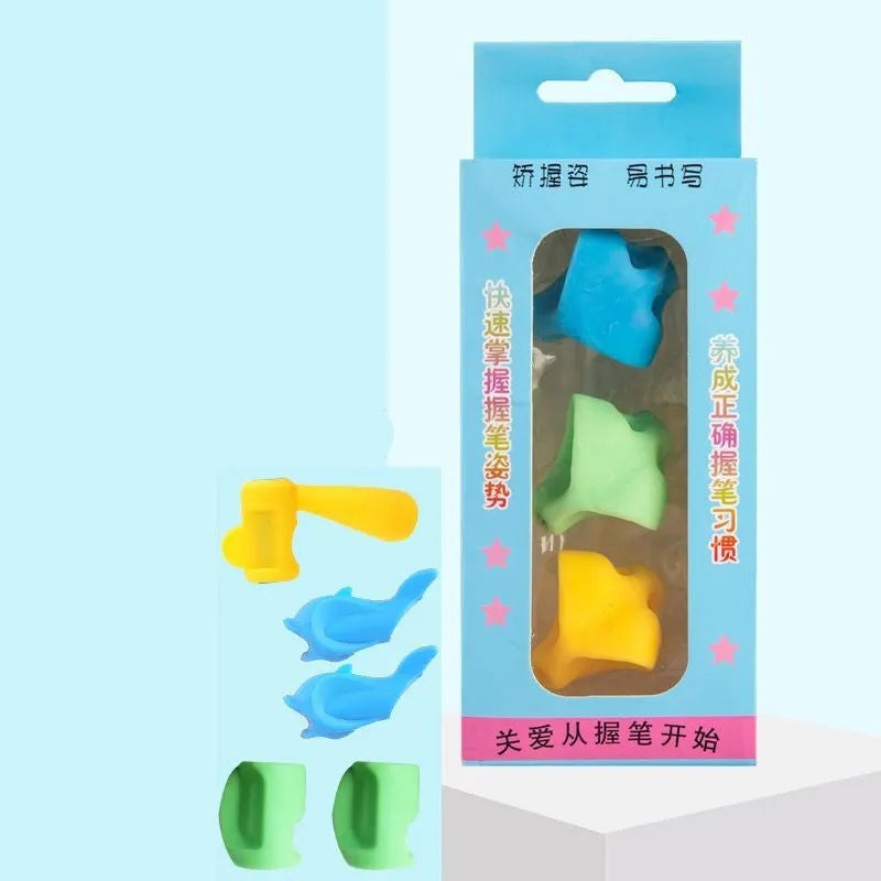 Flexible silicon pen grip holder for children's fingers on a coloured pencil