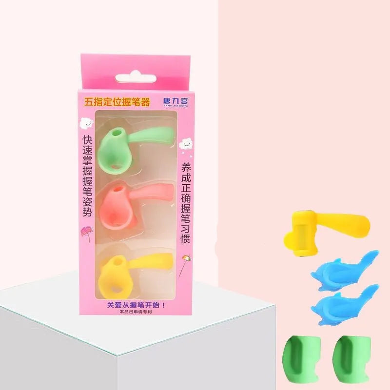 Flexible silicon pen grip holder for children's fingers on a coloured pencil