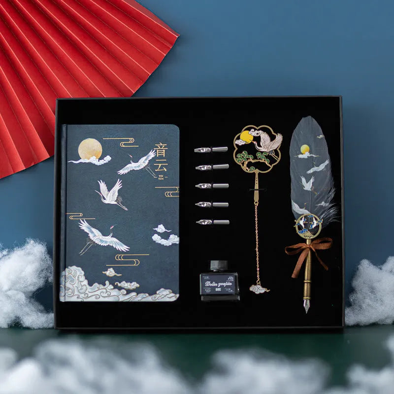 Chinese style feather pen set with metal sheath, four colour feathers, and Jianhegui notebook.