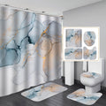 3D art geometric shower curtain in a modern bathroom with matching flannel floor mat and rug set