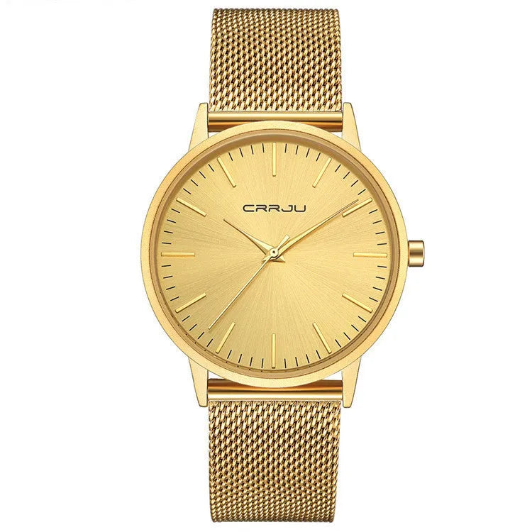 Casual quartz watch with alloy case, plexiglass mirror, and multiple strap options including mesh, leather, and steel bands