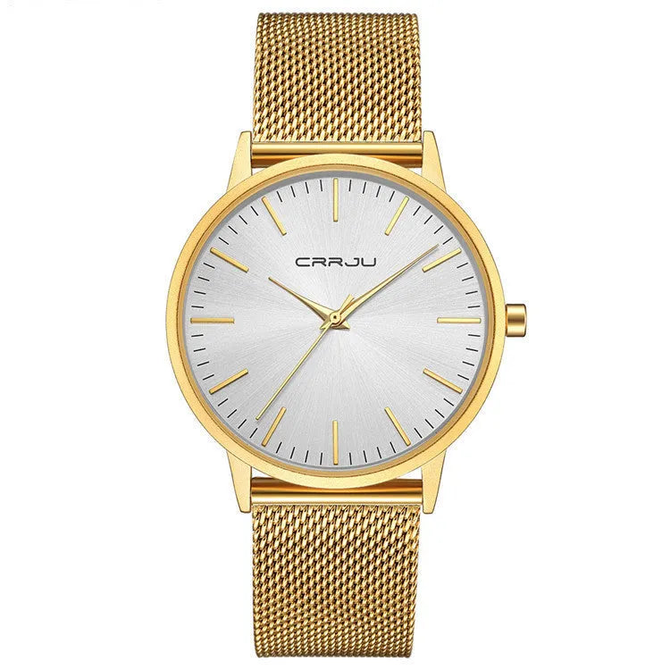 Casual quartz watch with alloy case, plexiglass mirror, and multiple strap options including mesh, leather, and steel bands