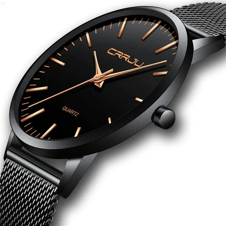 Casual quartz watch with alloy case, plexiglass mirror, and multiple strap options including mesh, leather, and steel bands