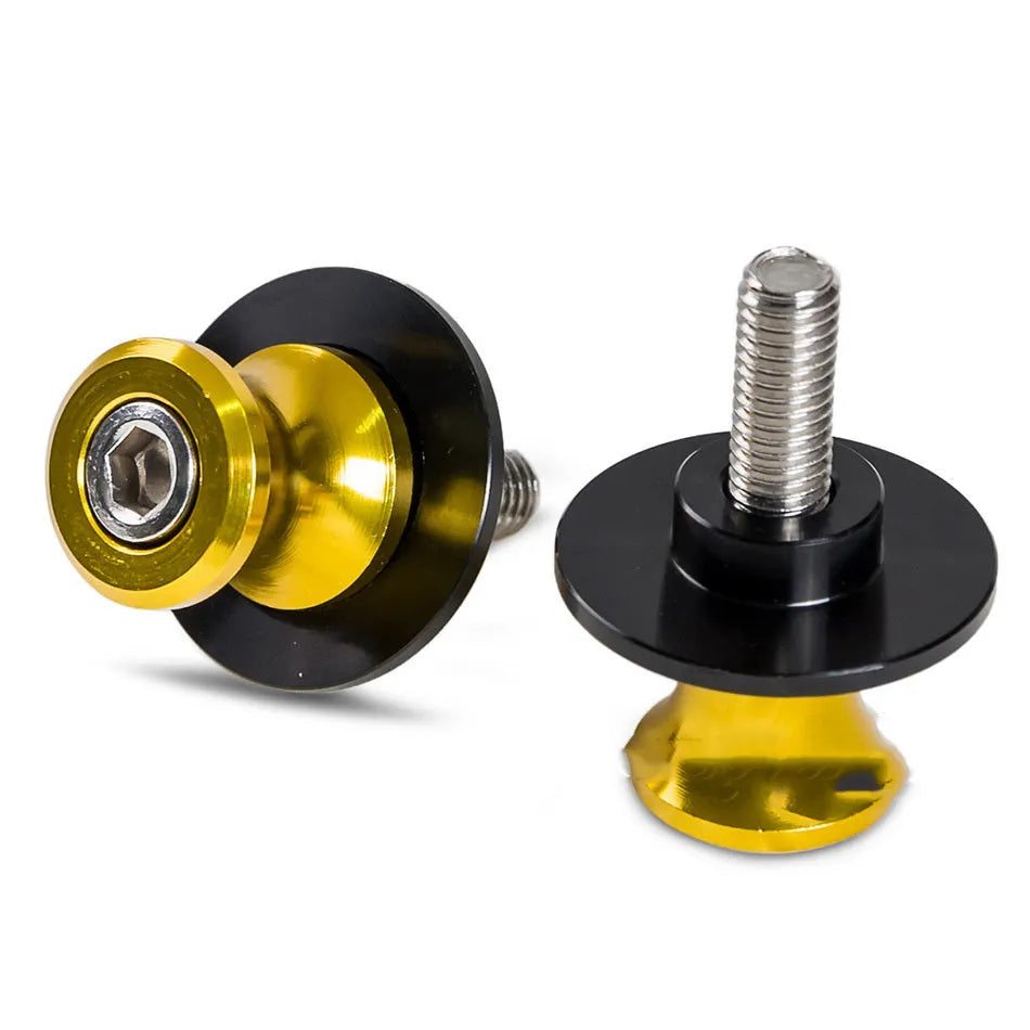 Pair of aluminium alloy motorcycle lifting screws in black, 3.75 x 3.36 x 2.1 cm, M10 thread, on a grey background