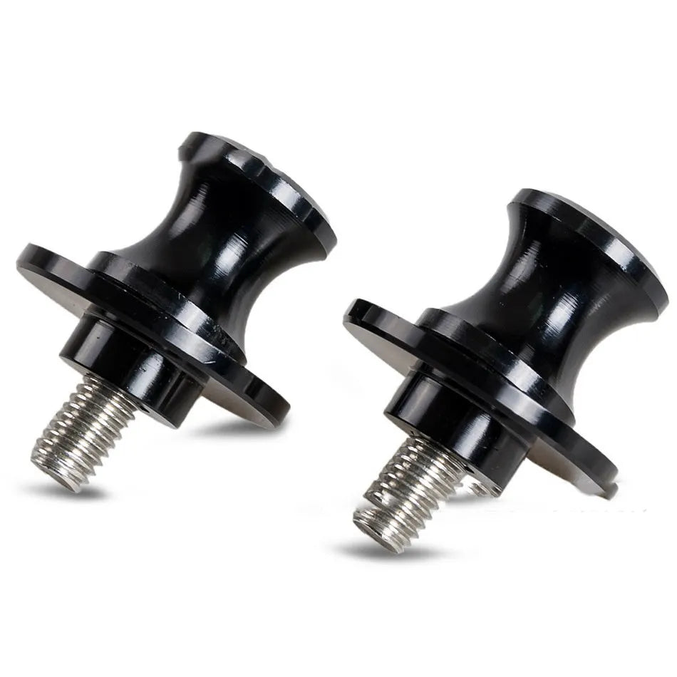 Pair of aluminium alloy motorcycle lifting screws in black, 3.75 x 3.36 x 2.1 cm, M10 thread, on a grey background