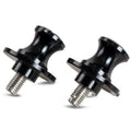 Pair of aluminium alloy motorcycle lifting screws in black, 3.75 x 3.36 x 2.1 cm, M10 thread, on a grey background