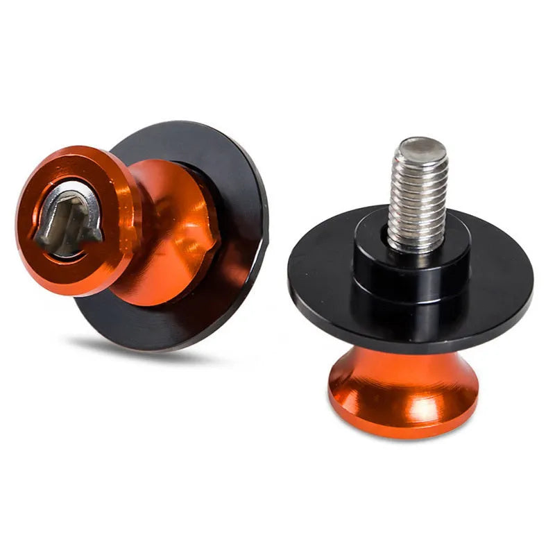 Pair of aluminium alloy motorcycle lifting screws in black, 3.75 x 3.36 x 2.1 cm, M10 thread, on a grey background