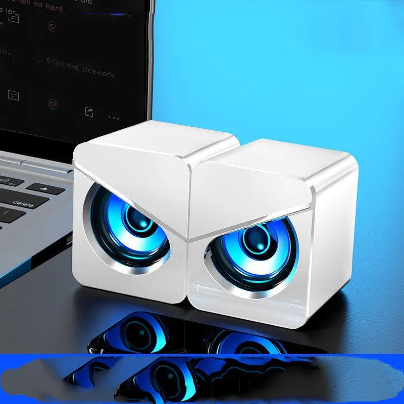 Black and white desktop USB multimedia speakers with 3.5mm audio connection for computers