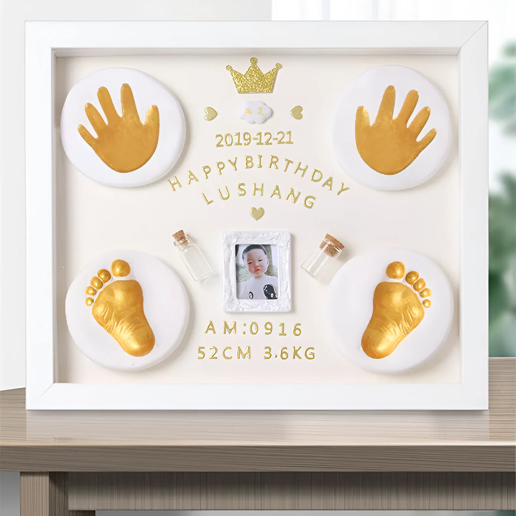 Handcrafted DIY anniversary photo frame for baby hand and foot prints in black, pink, or white with digital post and warm light options.