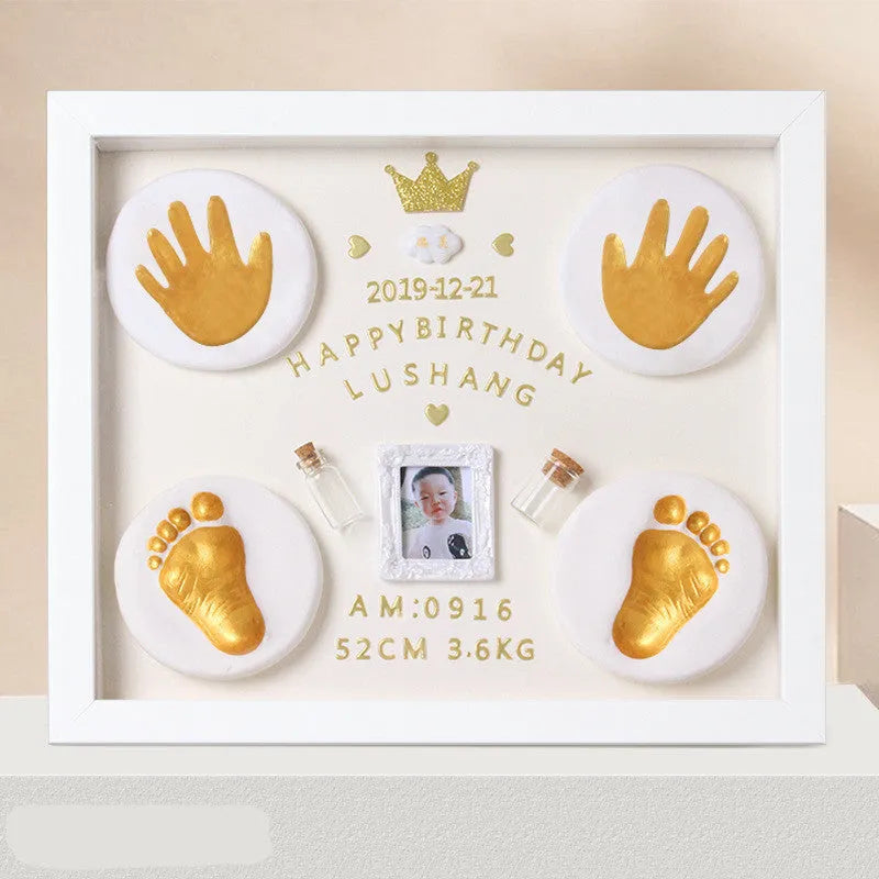 Handcrafted DIY anniversary photo frame for baby hand and foot prints in black, pink, or white with digital post and warm light options.