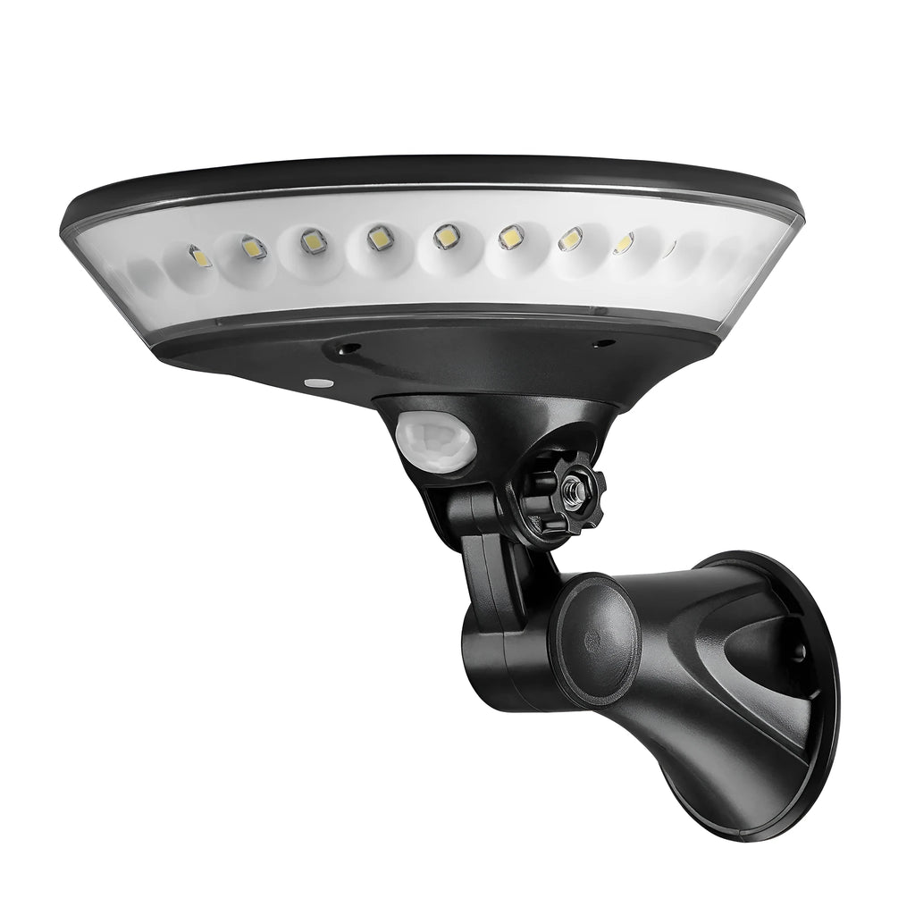 White 360-degree solar garden light with motion sensor for outdoor wall or path installation