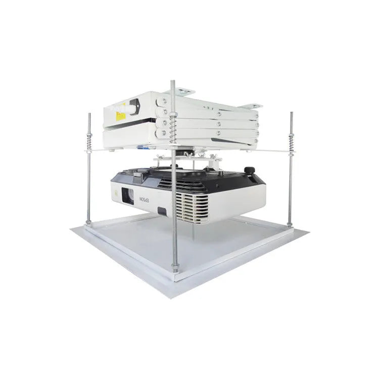 Electric ceiling lifting hanger for a projector with a thin metal chassis and wireless remote control.