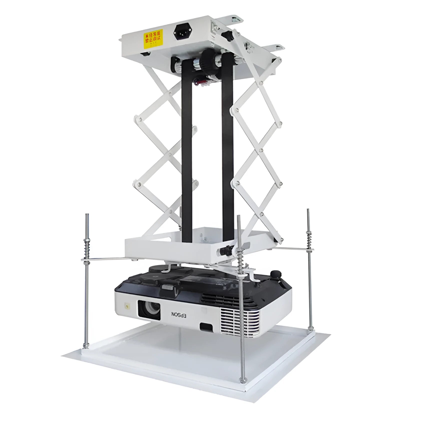 Electric ceiling lifting hanger for a projector with a thin metal chassis and wireless remote control.