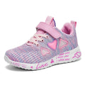 Kids pink and purple mesh sneakers with Velcro straps and hand-painted cartoon design on a white background.