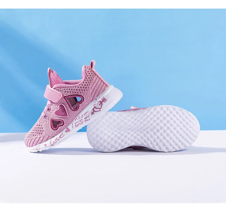 Kids pink and purple mesh sneakers with Velcro straps and hand-painted cartoon design on a white background.