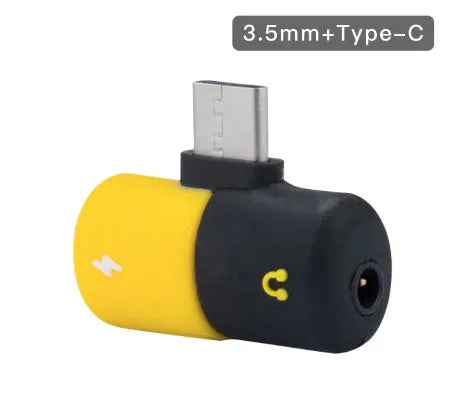 Small white dual-port adapter for Huawei phones showing USB-C and 3.5mm headphone jacks