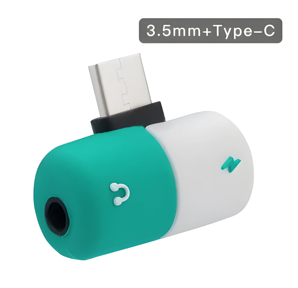 Small white dual-port adapter for Huawei phones showing USB-C and 3.5mm headphone jacks