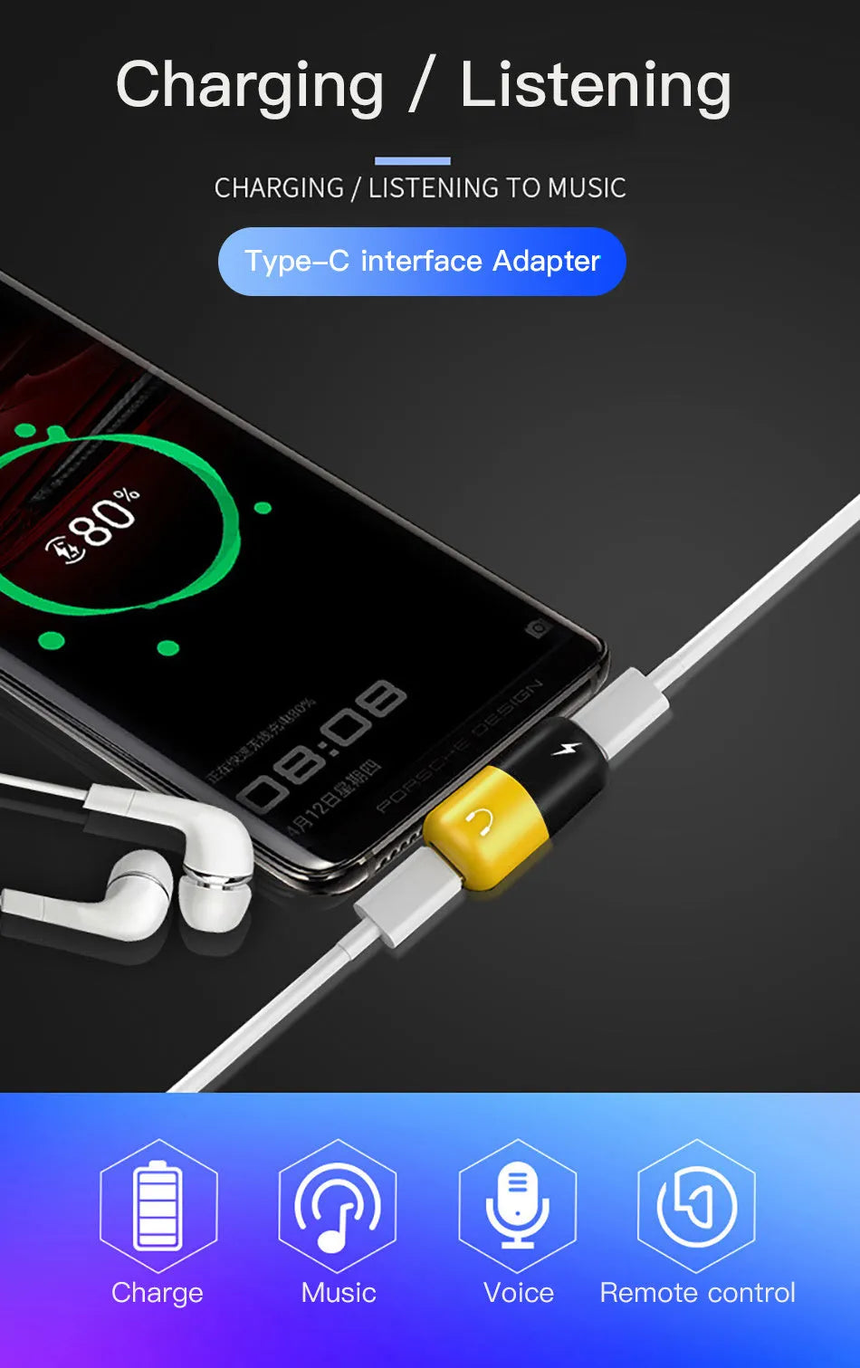 Small white dual-port adapter for Huawei phones showing USB-C and 3.5mm headphone jacks
