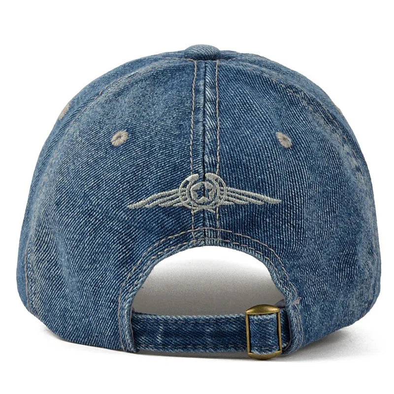 Men's denim cowboy baseball cap with embroidered letters, wide brim, adjustable sizing