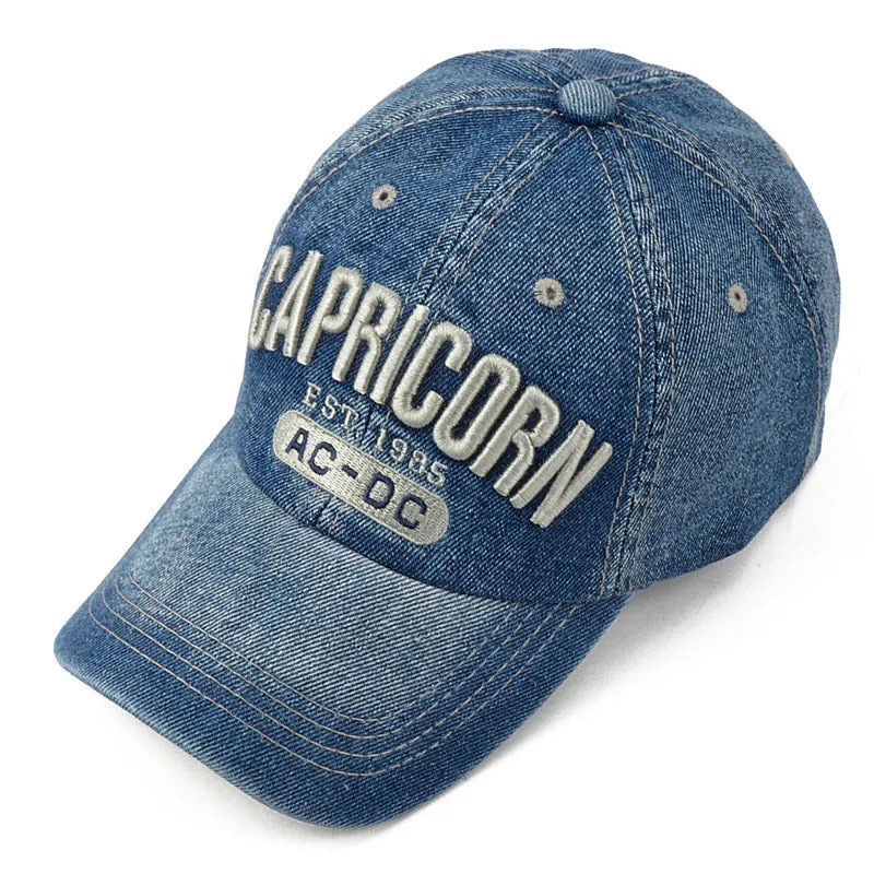 Men's denim cowboy baseball cap with embroidered letters, wide brim, adjustable sizing