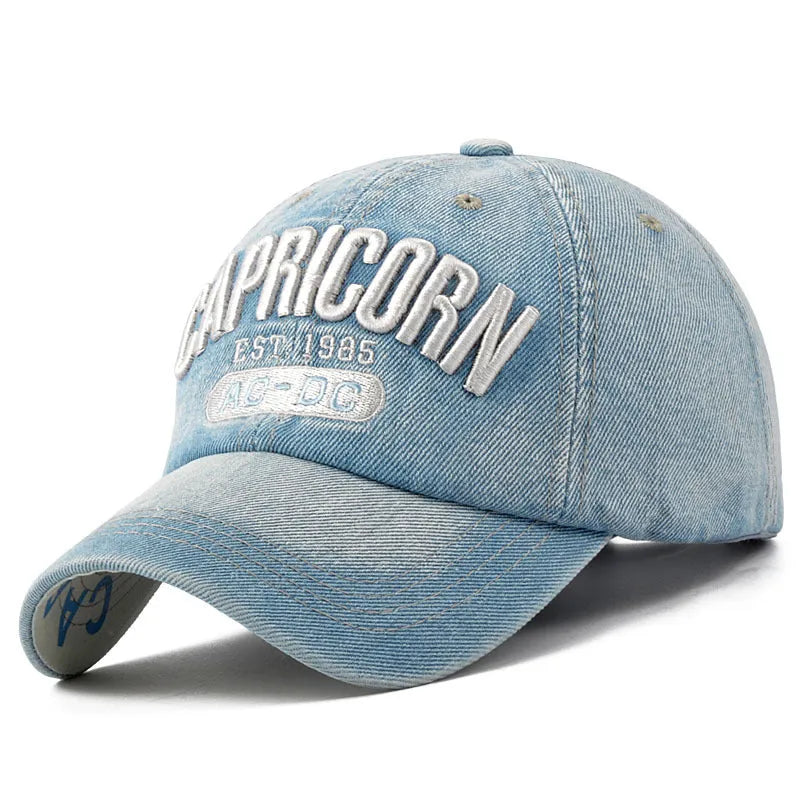 Men's denim cowboy baseball cap with embroidered letters, wide brim, adjustable sizing