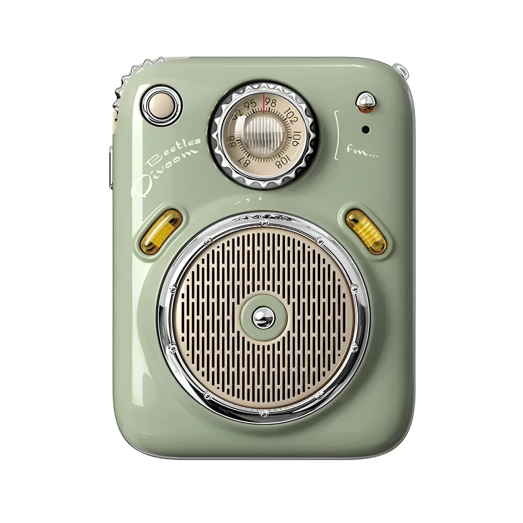 Compact smart Bluetooth speaker with FM radio in green, pink, red or white colours showing front view