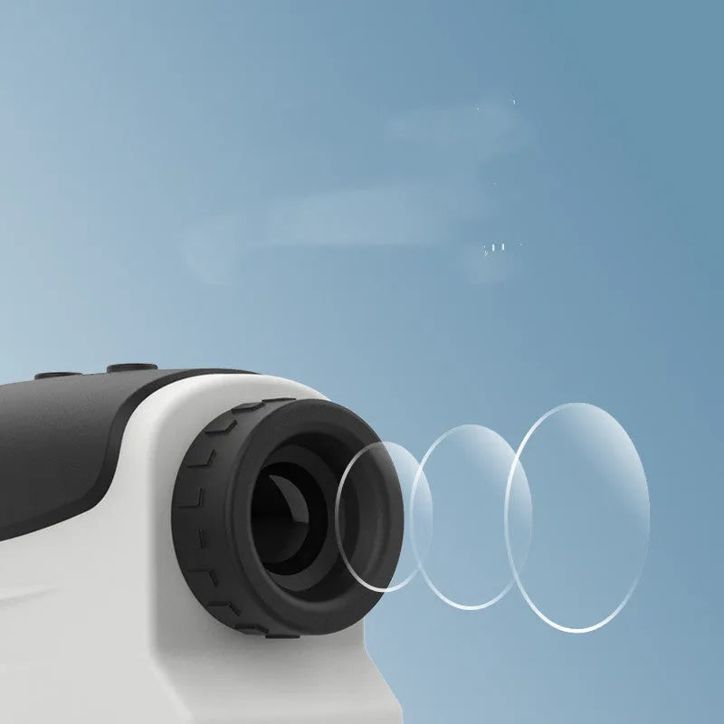 Compact black golf laser rangefinder with LCD display, shown measuring distance to a flag on a green.