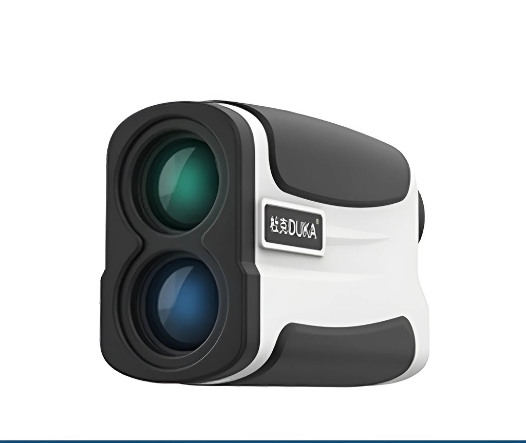 Compact black golf laser rangefinder with LCD display, shown measuring distance to a flag on a green.