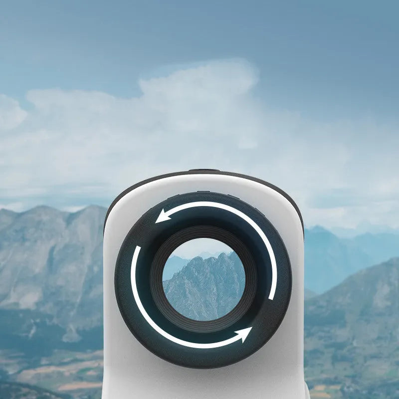 Compact black golf laser rangefinder with LCD display, shown measuring distance to a flag on a green.