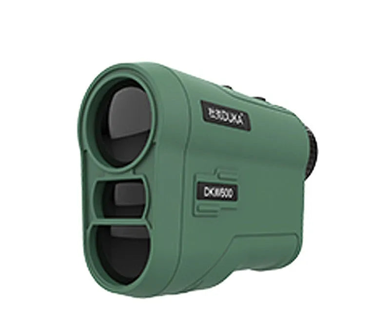 Compact black golf laser rangefinder with LCD display, shown measuring distance to a flag on a green.