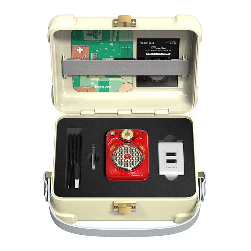Compact smart Bluetooth speaker with FM radio in green, pink, red or white colours showing front view