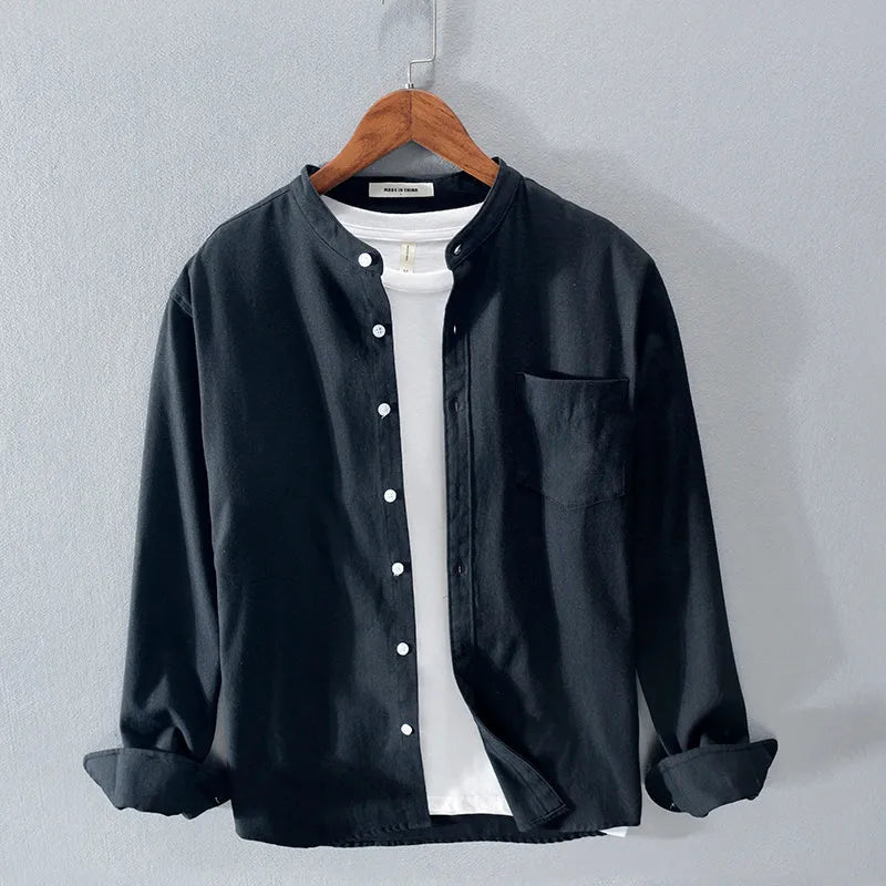 Men's long-sleeved stand-up collar shirt in solid colour, cotton linen blend, available in Black, Dark Blue, Green, Grey, White
