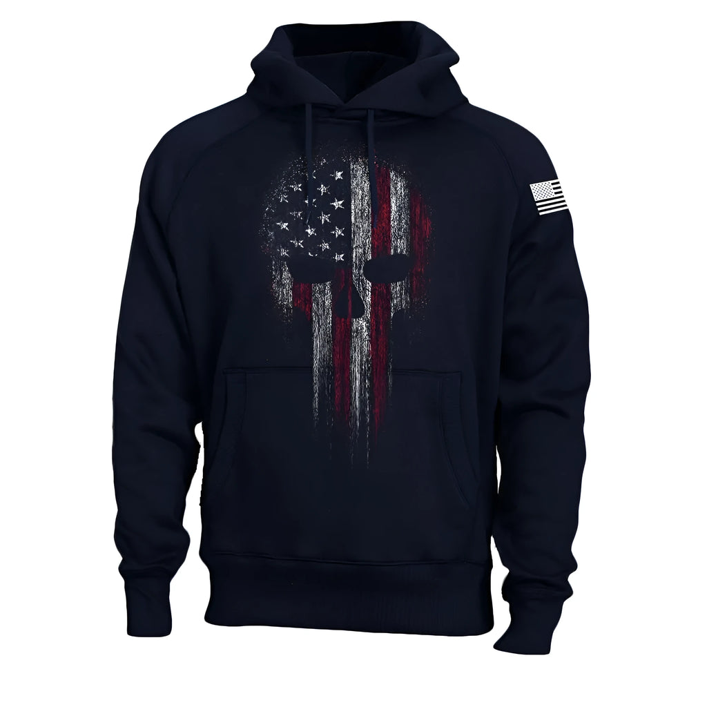 Men's black hoodie with 3D effect print, round neck, long sleeves, and patch pocket on white background