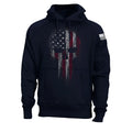Men's black hoodie with 3D effect print, round neck, long sleeves, and patch pocket on white background