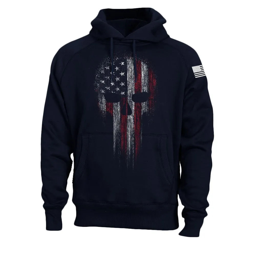 Men's black hoodie with 3D effect print, round neck, long sleeves, and patch pocket on white background