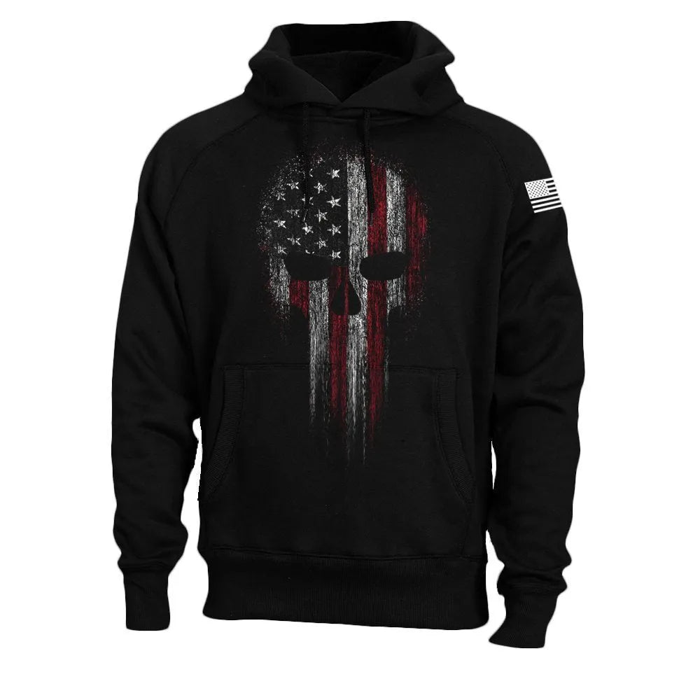 Men's black hoodie with 3D effect print, round neck, long sleeves, and patch pocket on white background