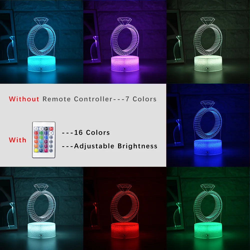 3D LED night light projecting a colourful diamond ring stereogram on a black base with touch control.