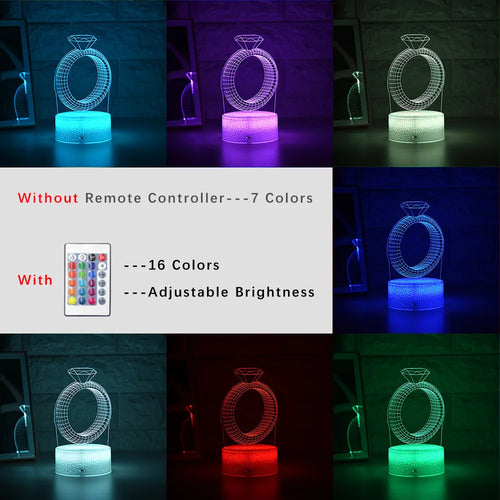 3D LED night light projecting a colourful diamond ring stereogram on a black base with touch control.