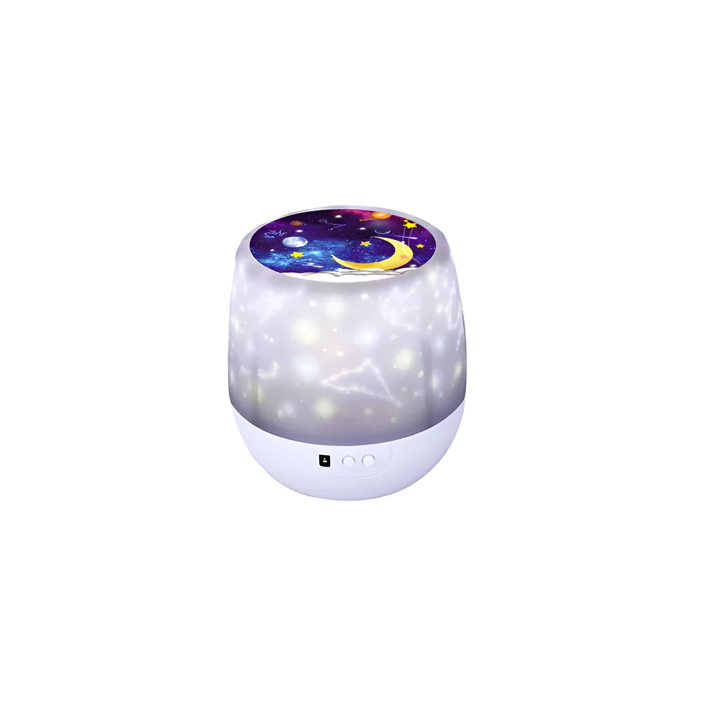 Pruixin rotating LED projector night light displaying star and moon patterns on a wall.