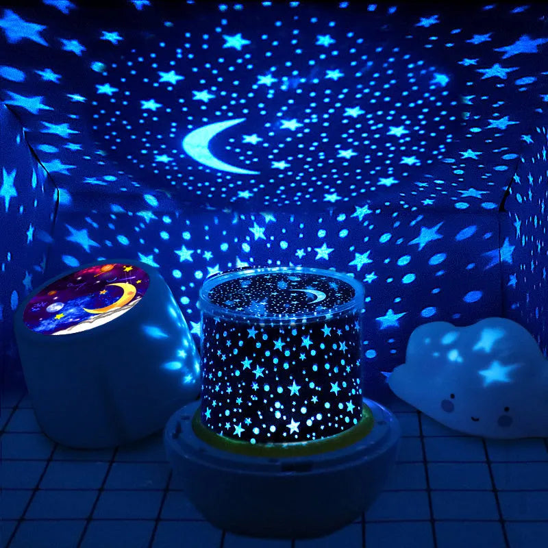 Pruixin rotating LED projector night light displaying star and moon patterns on a wall.