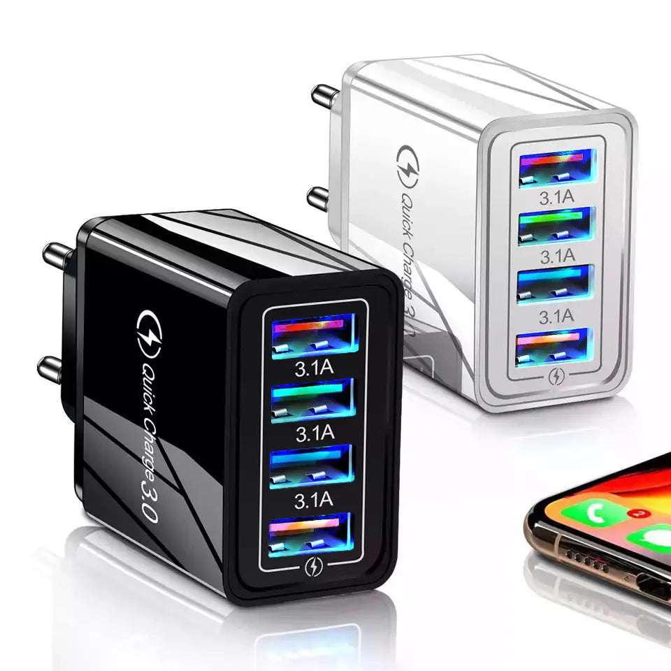 Simple Luminous 4-port USB wall charger with integrated UK plug in dark blue colour